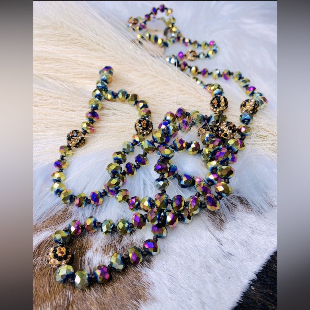 Pink Panache Galaxy shimmer Beaded & Leo Rhinestone Necklace!